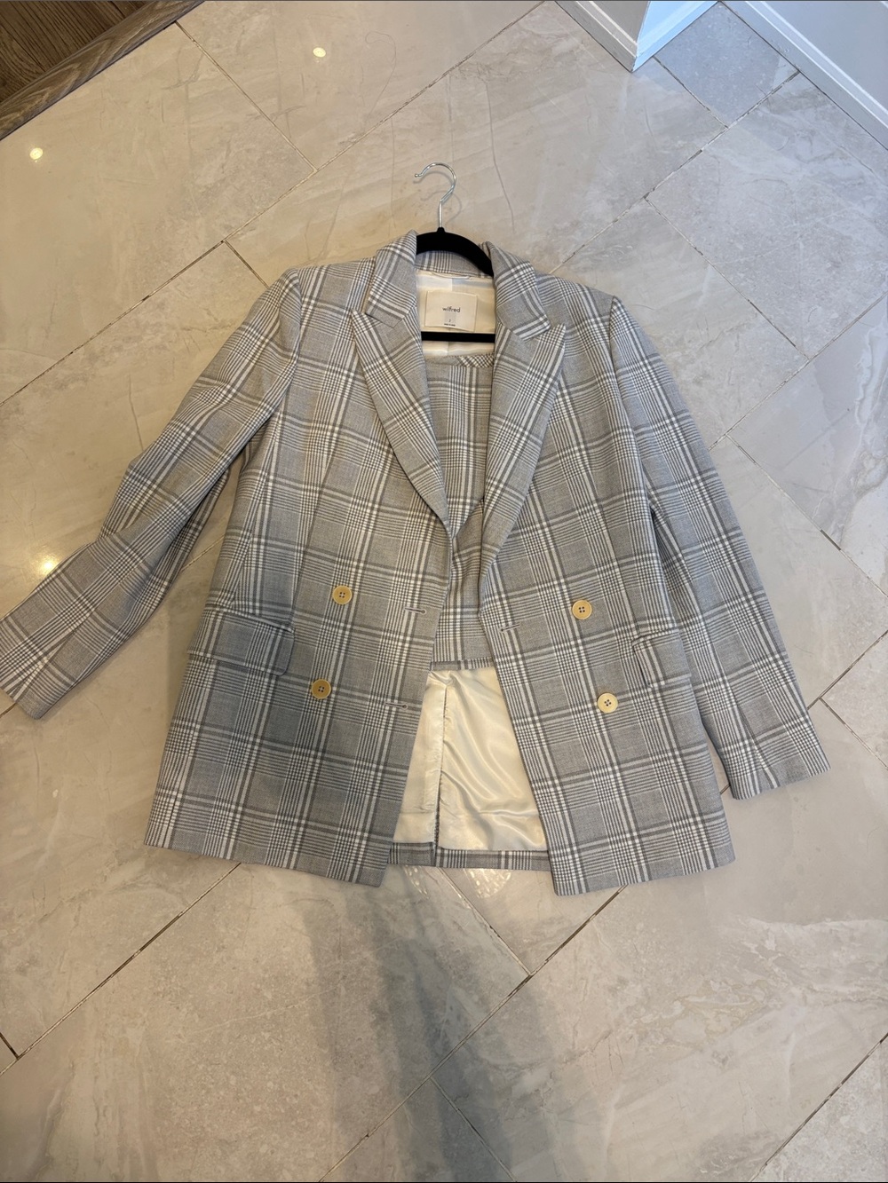Wilfred Light Gray Plaid Blazer with Notch Lapel and matching Skirt set. - S